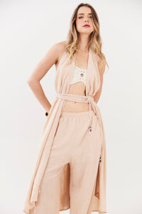 Kimono Frente Única Sem Mangas Bege Escuro Yacamim I6