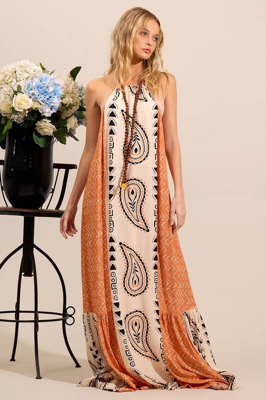 Vestido Longo Frente Única Laranja Estampa Paisley Yacamim