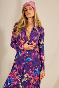 Chemise Midi Com Mangas Longas Justas Roxo Estampado Yacamim