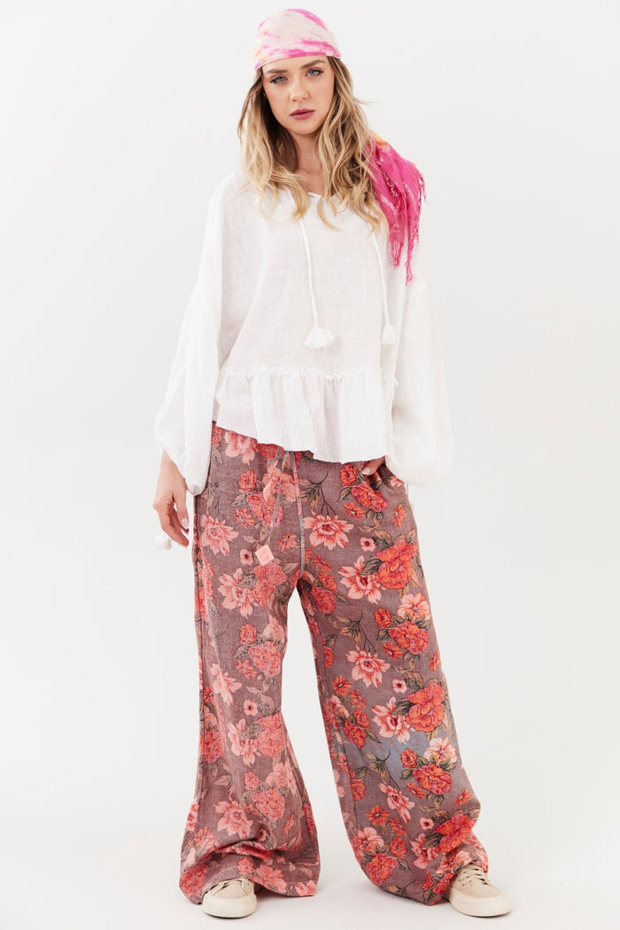 Calça Paraty 100% Algodão Pantalona Rosa Estampado Yacamim R4