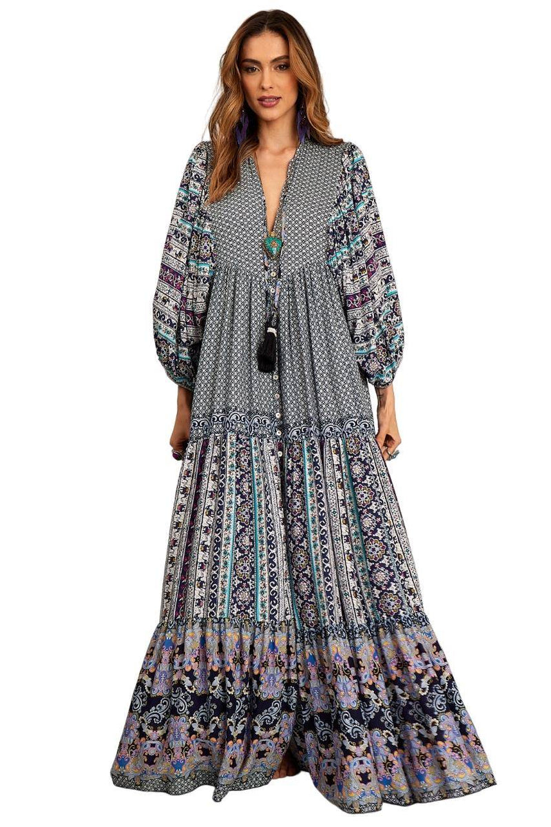 Vestido Chemise Longo Com Mangas Longas Bufantes Azul Patchwork Yacamim