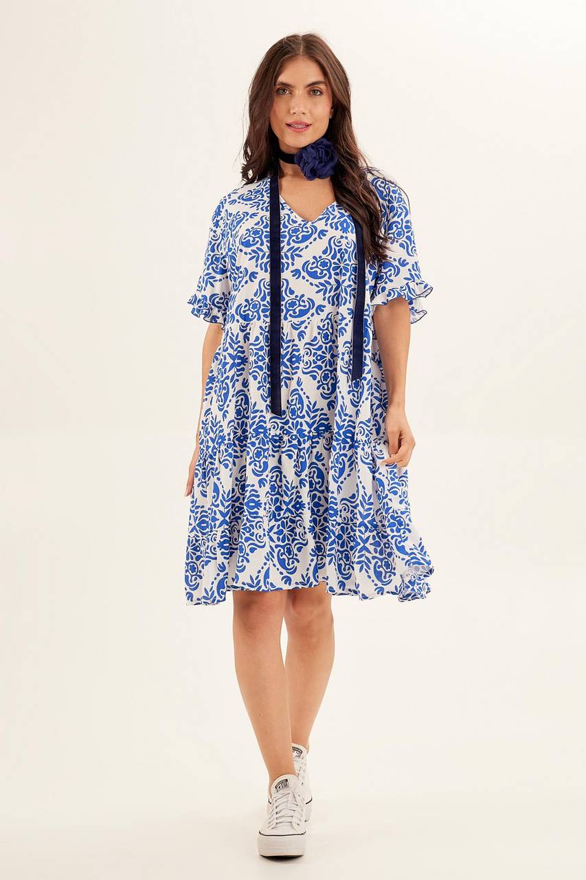 Vestido Curto Com Decote Em V Azul Estampado Yacamim