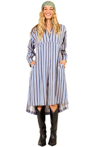 Chemise Midi Com Mangas Longas Azul Listrado Yacamim P6