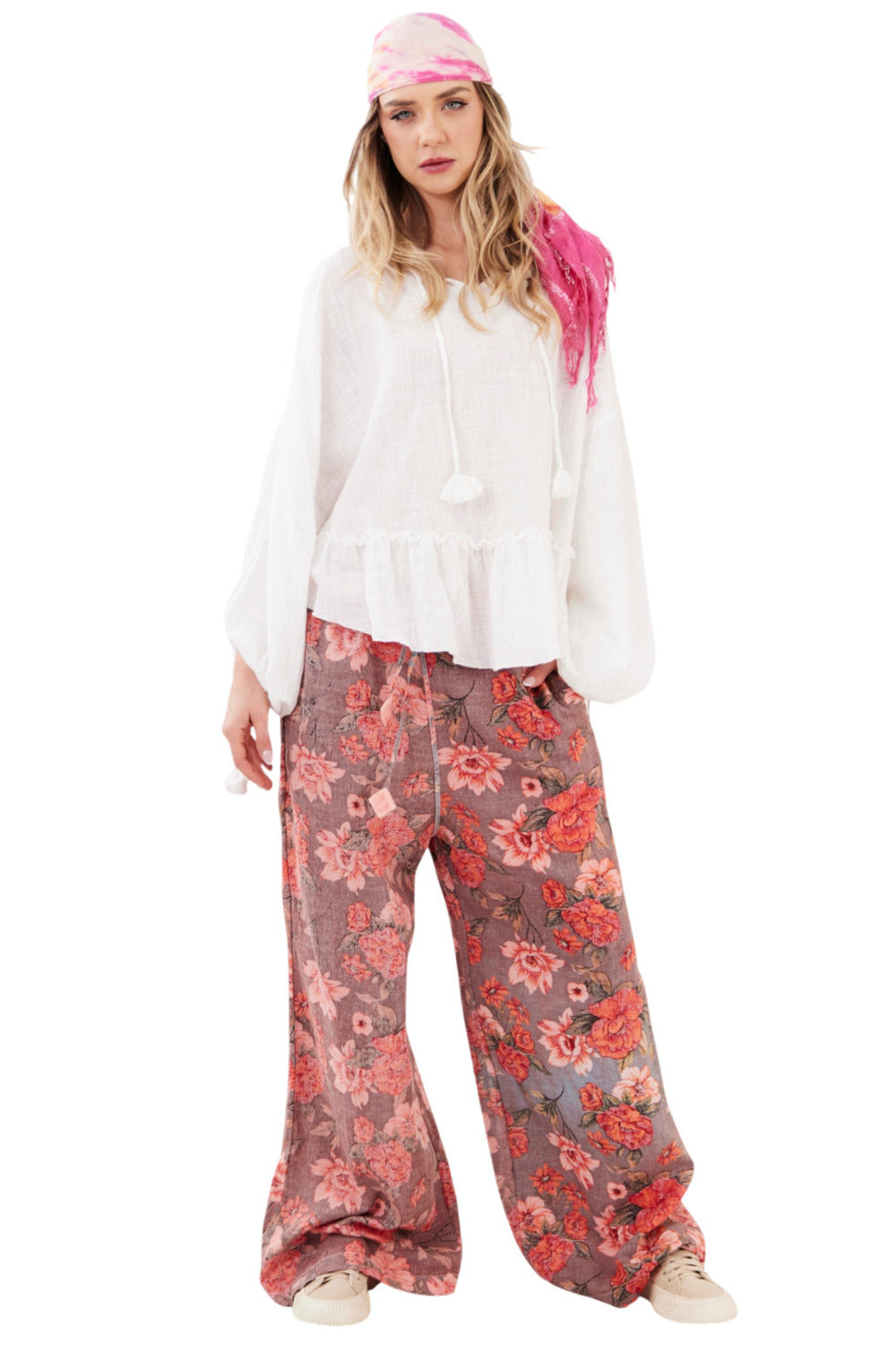 Calça Paraty 100% Algodão Pantalona Rosa Estampado Yacamim R4