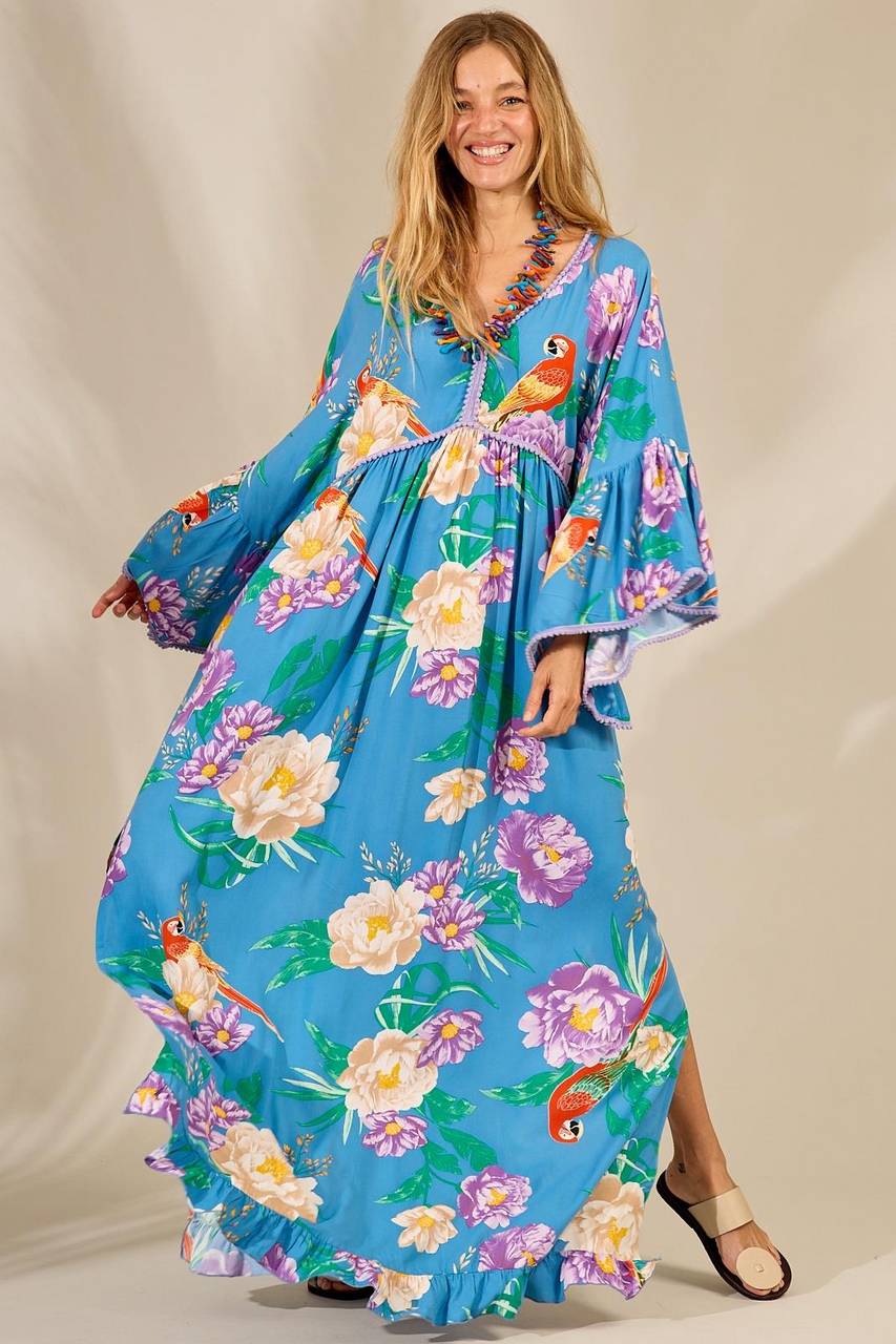 Vestido Longo Com Mangas Longas Flare Azul Claro Estampado Yacamim