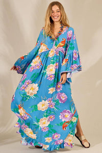 Vestido Longo Com Mangas Longas Flare Azul Claro Estampado Yacamim