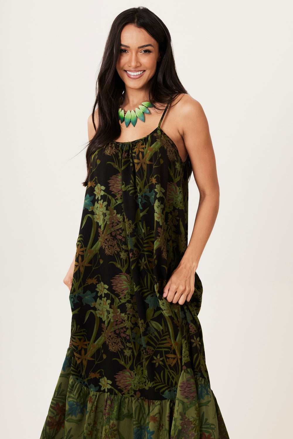 Vestido Longo De Alças Preto E Verde Patchwork Yacamim E20