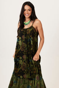 Vestido Longo De Alças Preto E Verde Patchwork Yacamim E20