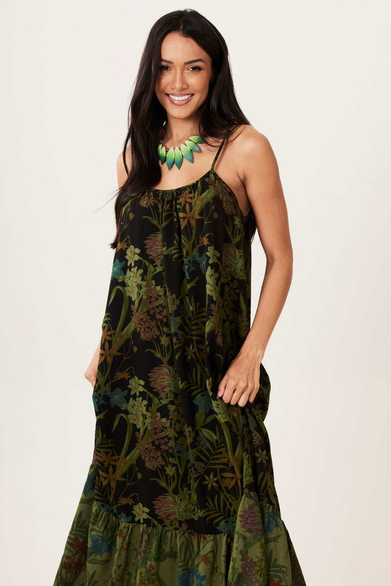 Vestido Longo De Alças Preto E Verde Patchwork Yacamim E20