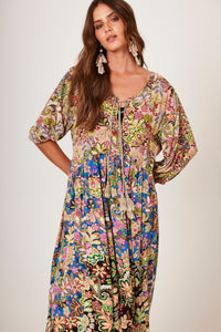 Vestido Longo Com Mangas 3/8 Verde Patchwork Yacamim E14