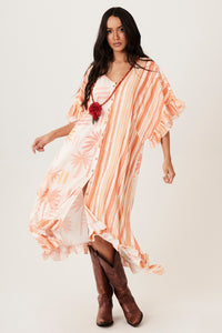 Kaftan Midi Com Mangas 3/4 Rose Estampado Yacamim J1