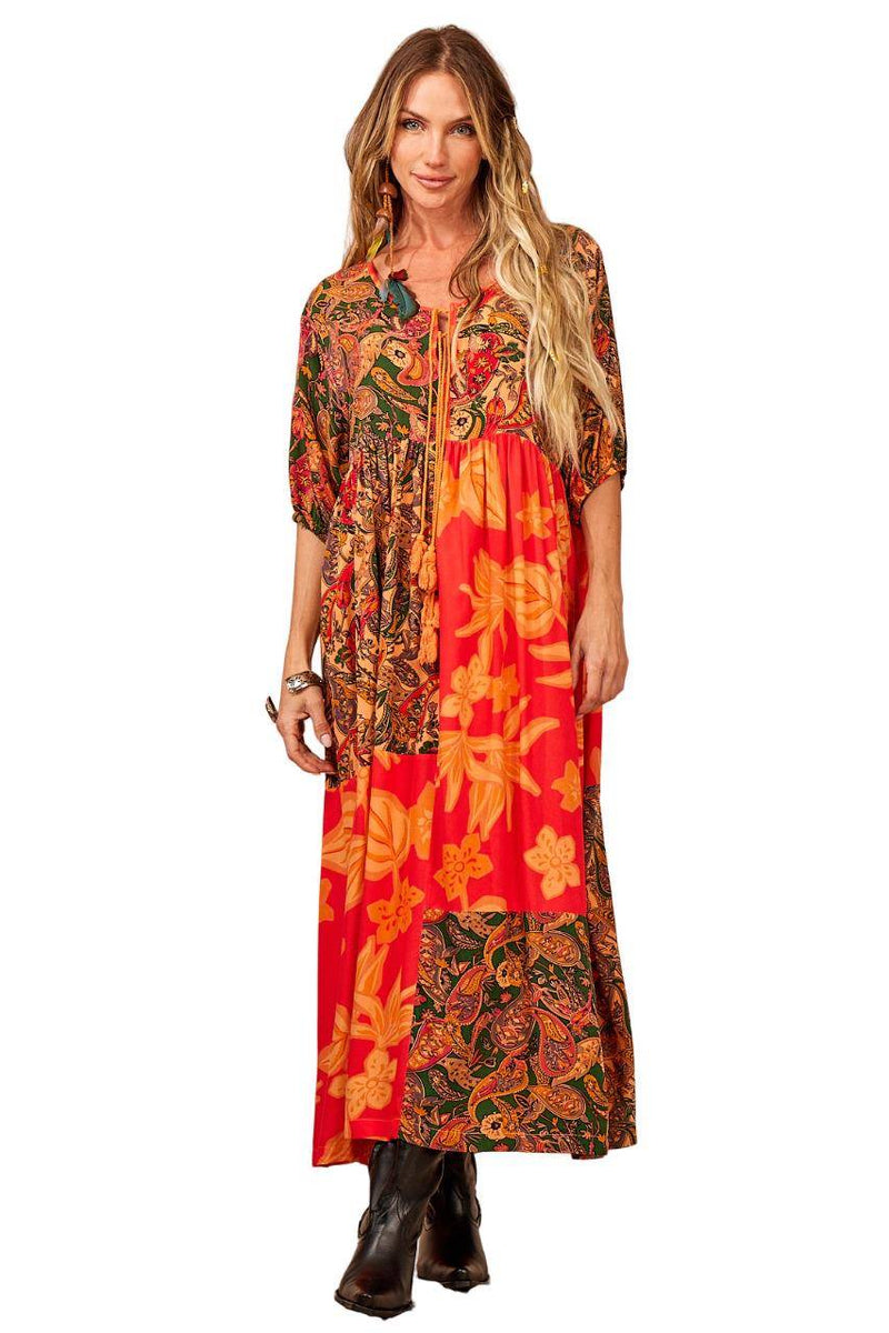 Vestido Midi Com Mangas 3/4 Laranja Patchwork Yacamim C9