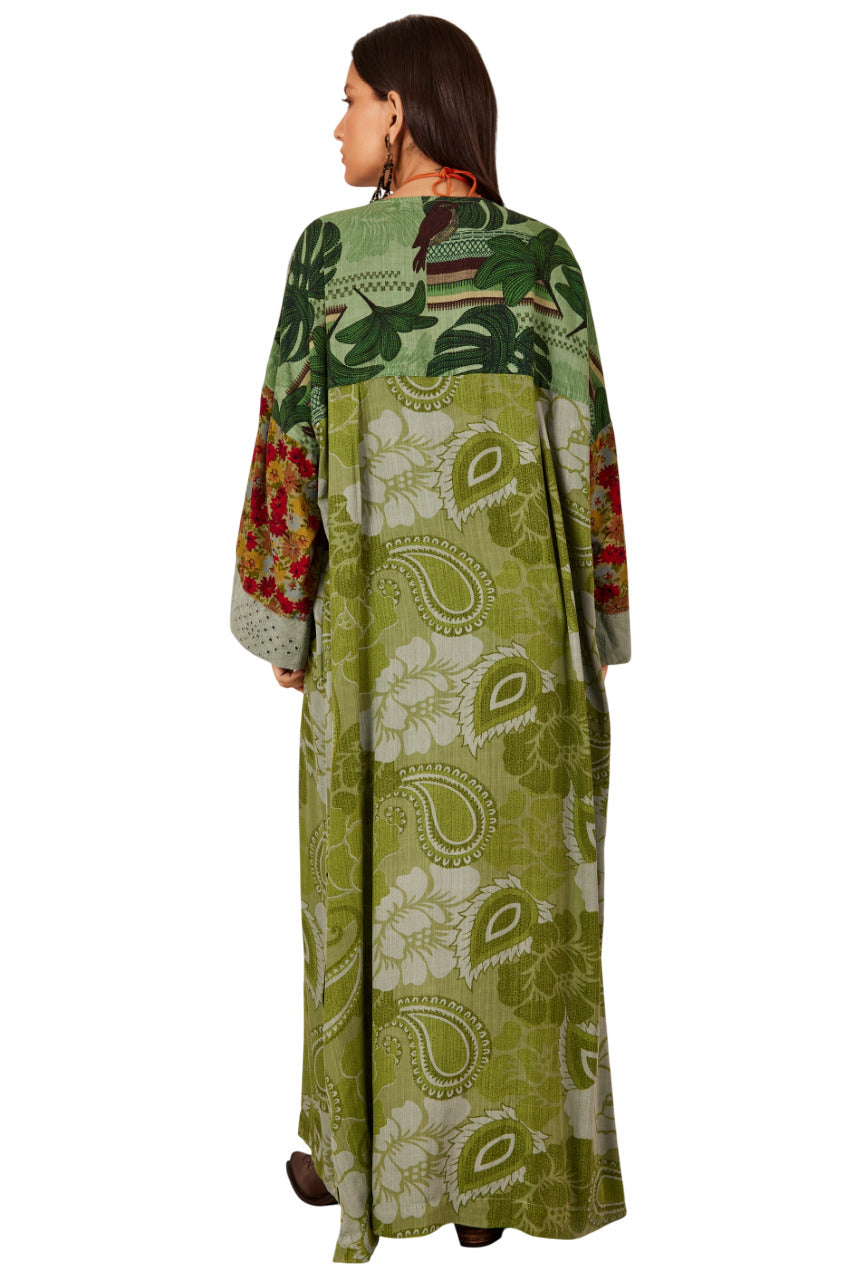 Kimono Longo Broderie Patchwork Verde Patchwork Yacamim J4