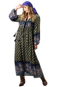 Vestido Longo Com Mangas Bufantes Verde Patchwork Estampa Paisley Yacamim