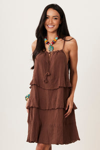 Vestido Curto 100% Algodão Gaze Marrakesh Marrom Yacamim E21