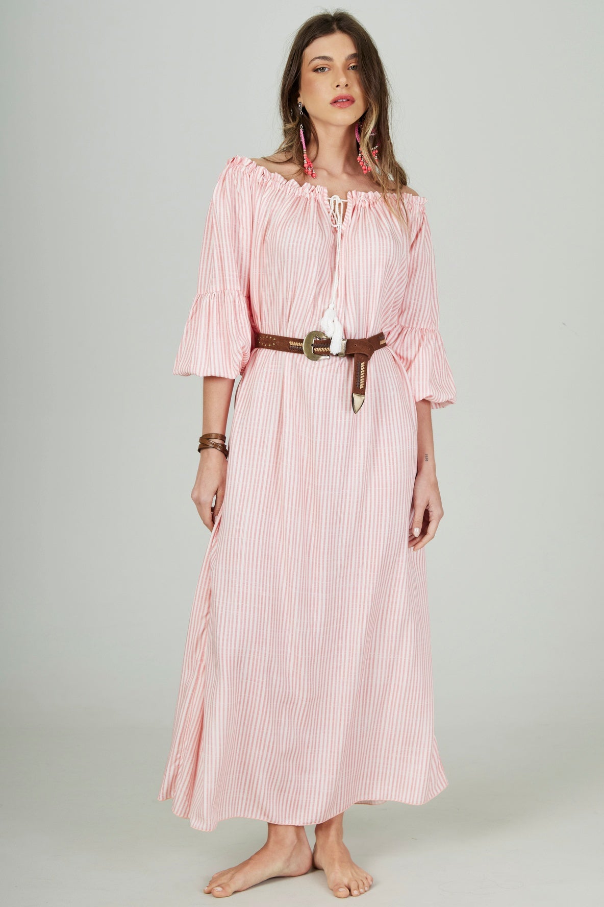 Vestido Midi Ciganinha Com Cordão Rosa Listrado Yacamim D22