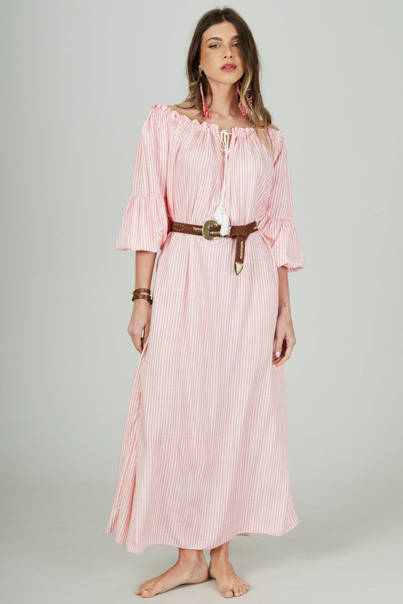 Vestido Midi Ciganinha Com Cordão Rosa Listrado Yacamim D22