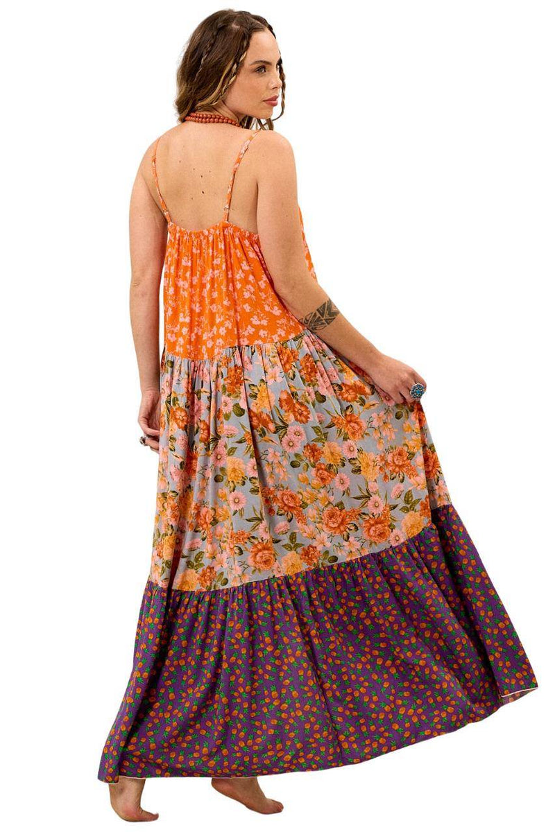 Vestido Longo De Alças Com Fechamento De Botões Laranja Patchwork Yacamim K3