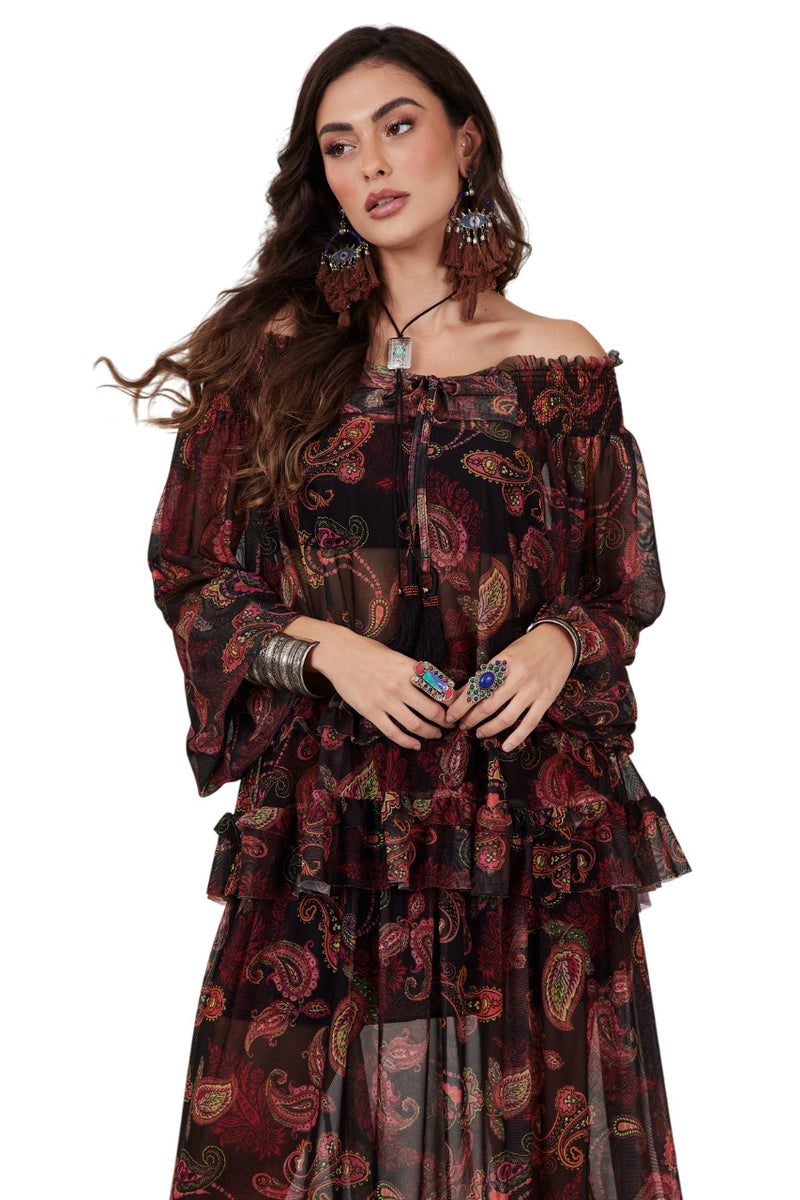 Bata De Tule Ciganinha Preta Estampa Cashmere Yacamim A21