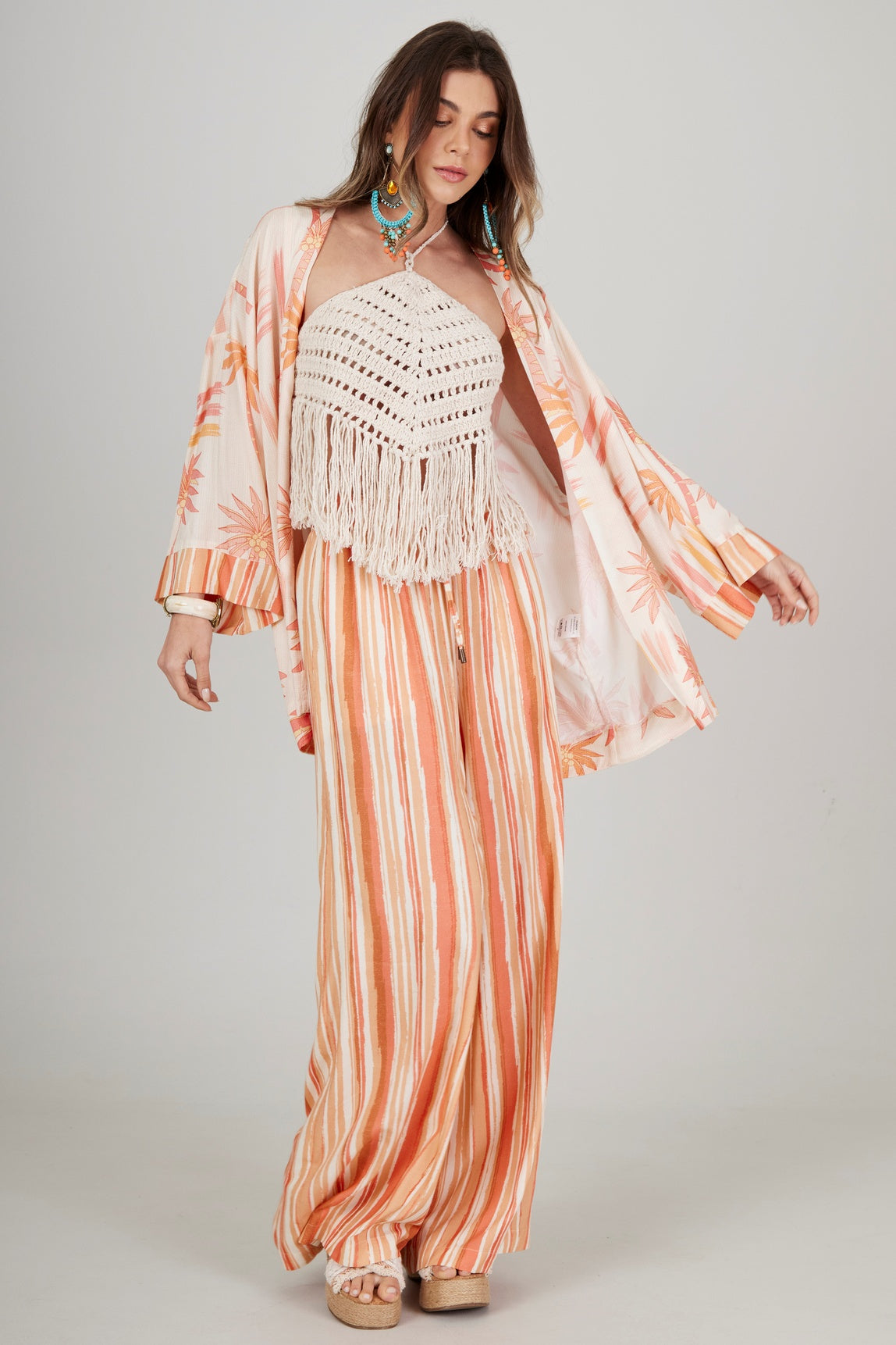 Calça Pantalona Com Bolsos Laranja Listrado Yacamim I8