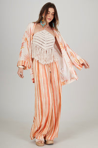 Calça Pantalona Com Bolsos Laranja Listrado Yacamim I8