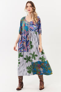 Vestido Midi Cinza Claro E Azul Patchwork Yacamim C4