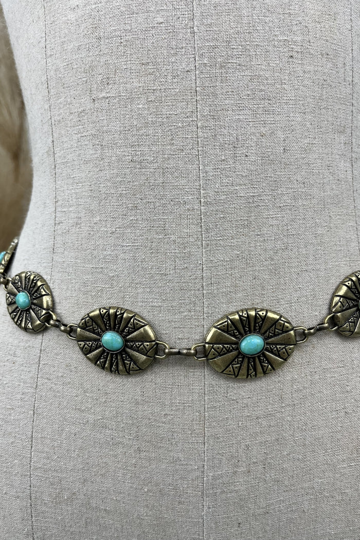 Cinto De Correntes Em Ouro Velho Com Pedras Verdes Yacamim #214