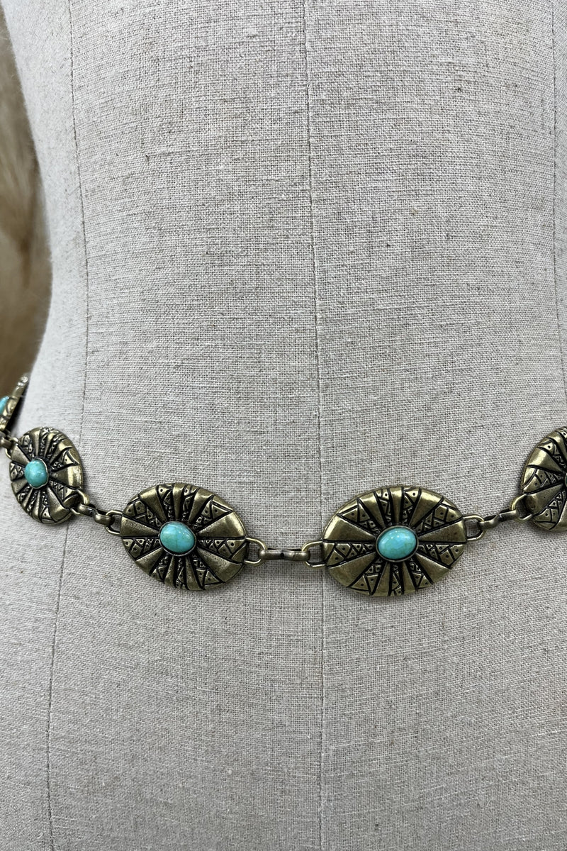 Cinto De Correntes Em Ouro Velho Com Pedras Verdes Yacamim #214