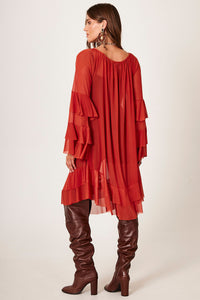 Vestido Curto De Tule Com Babados Terracota Yacamim E14