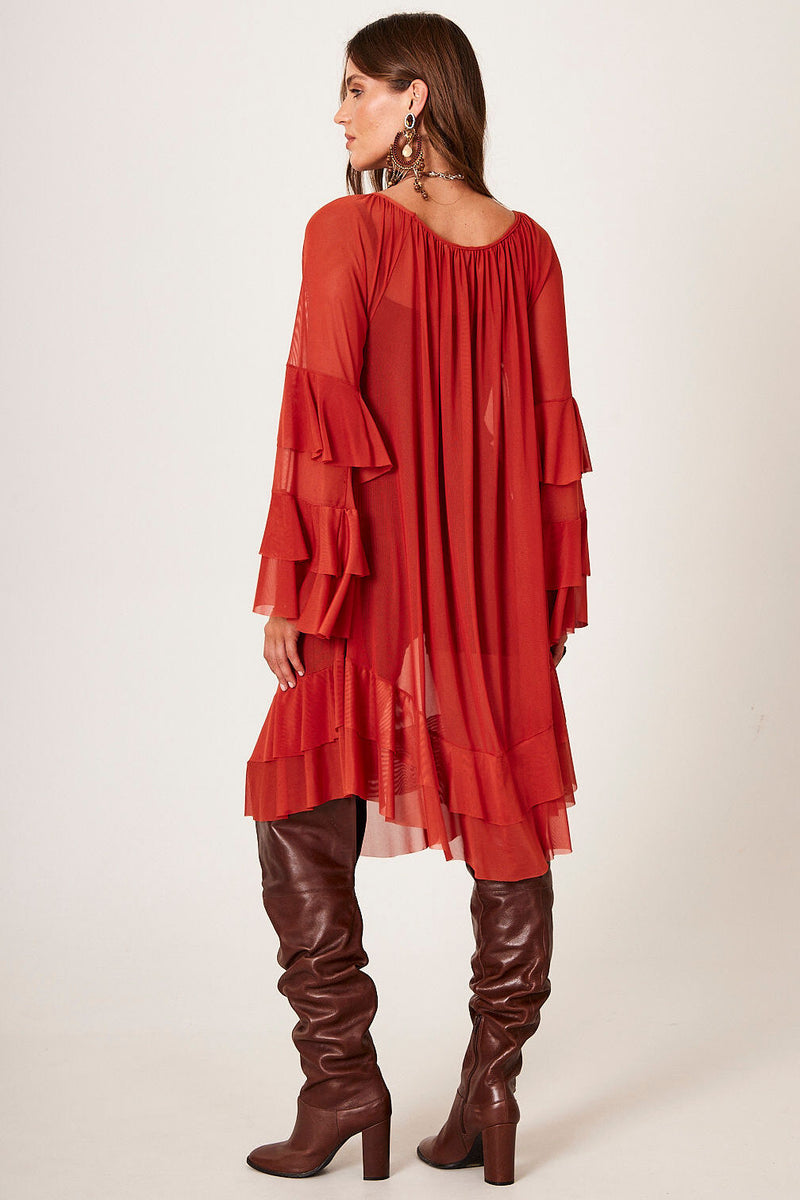 Vestido Curto De Tule Com Babados Terracota Yacamim E14