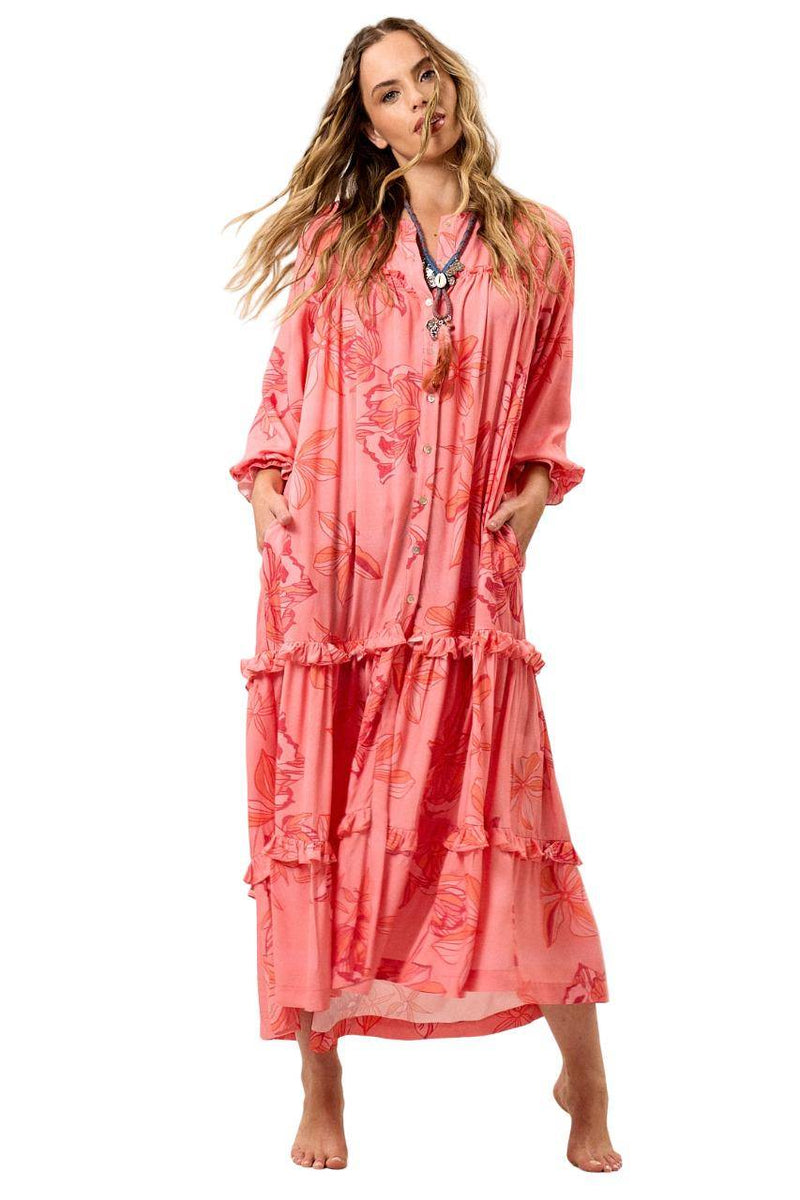 Vestido Chemise Midi Com Mangas Longas Rosa Estampado Yacamim E15