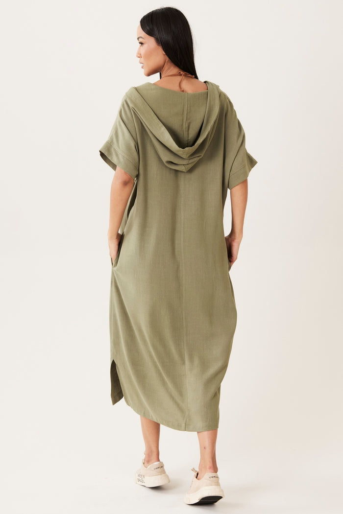 Vestido Midi De Viscolinho Com Capuz Verde Militar Yacamim E1