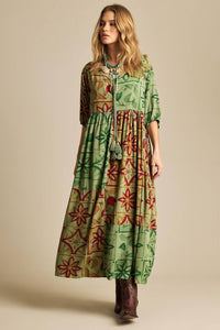 Vestido Midi Com Mangas 3/4 Verde Patchwork Yacamim