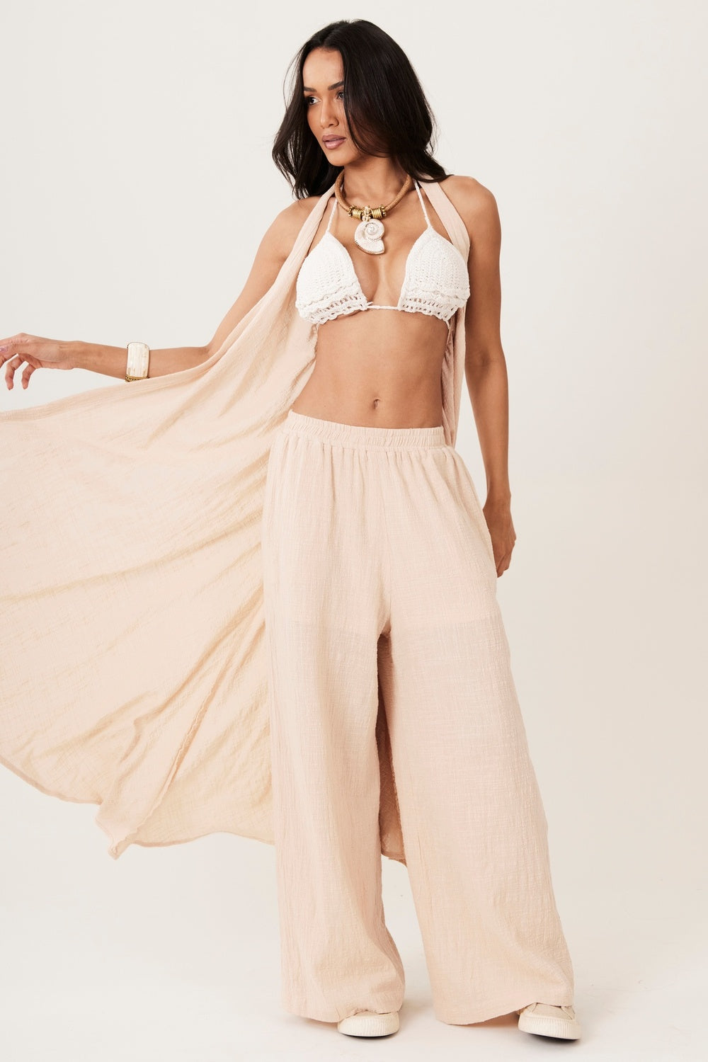 Kimono Frente Única Sem Mangas Bege Escuro Yacamim I6