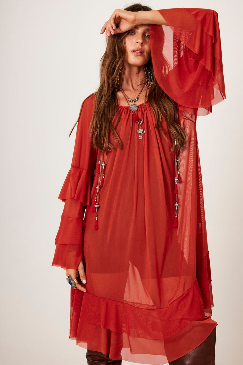 Vestido Curto De Tule Com Babados Terracota Yacamim E14