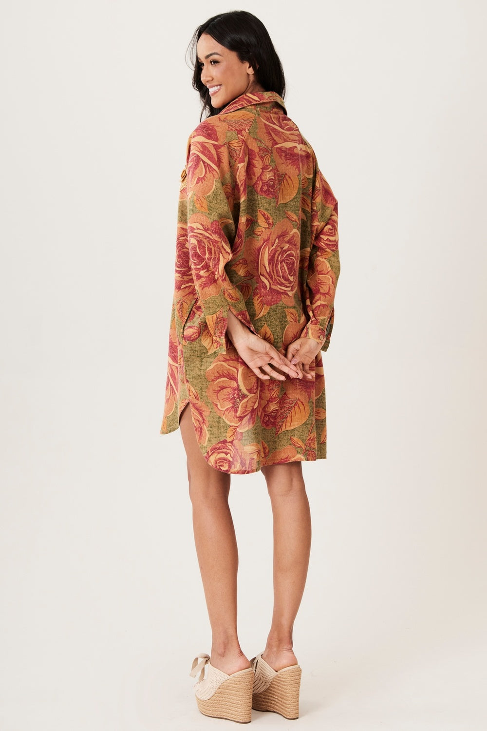 Chemise Ouro Preto 100% Algodão Verde Com Flores Laranjas Yacamim N8