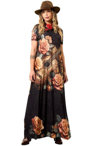 Vestido Longo De Mangas Curtas Grafite Estampa De Violão Yacamim