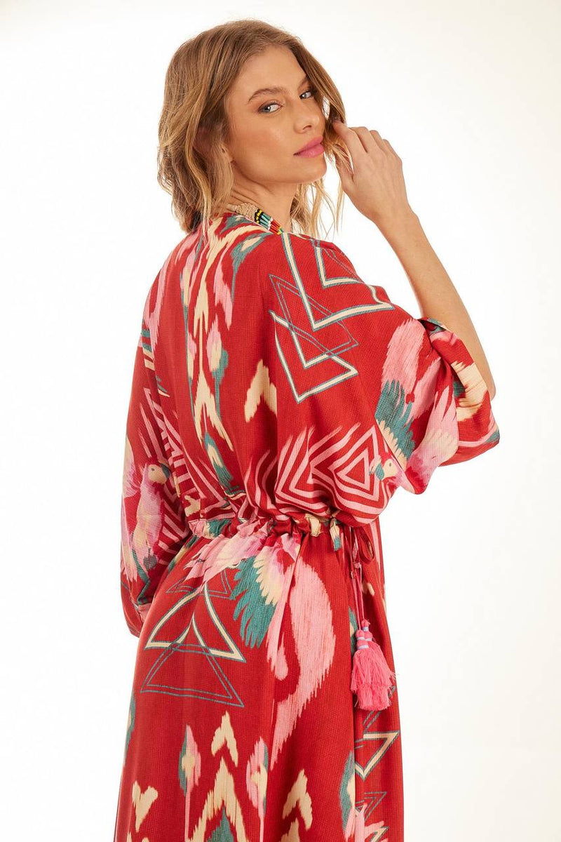 Kaftan Longo Com Túnel Na Cintura Vermelho Estampado Yacamim