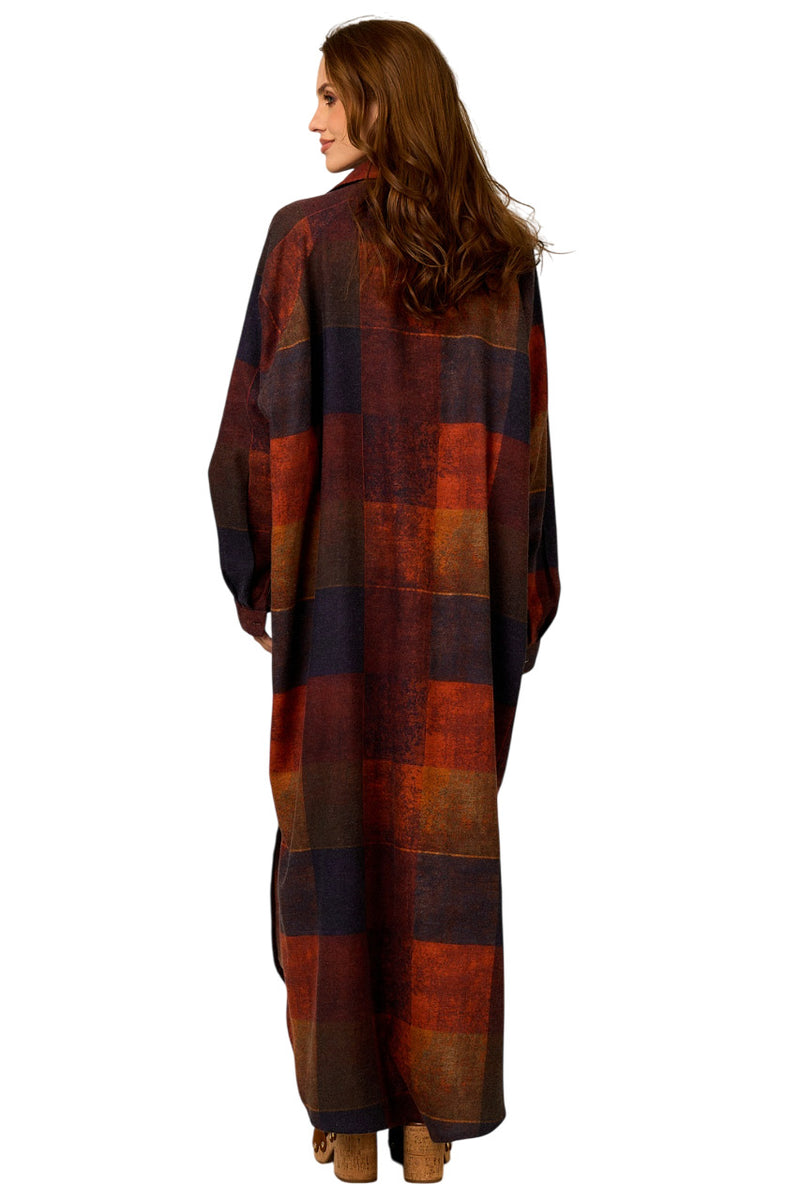 Chemise Longa De Algodão Terracota Estampa Xadrez Yacamim N5