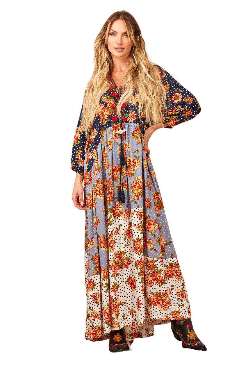 Vestido Longo Com Mangas Longas Bufantes Patchwork Yacamim D6