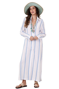 Chemise Midi Listrada Branca Com Azul Estampado Yacamim M7