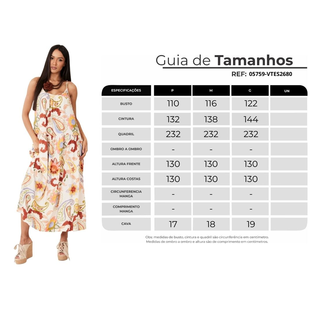 Vestido Midi De Alças Bege Estampa Cashmere Yacamim D17