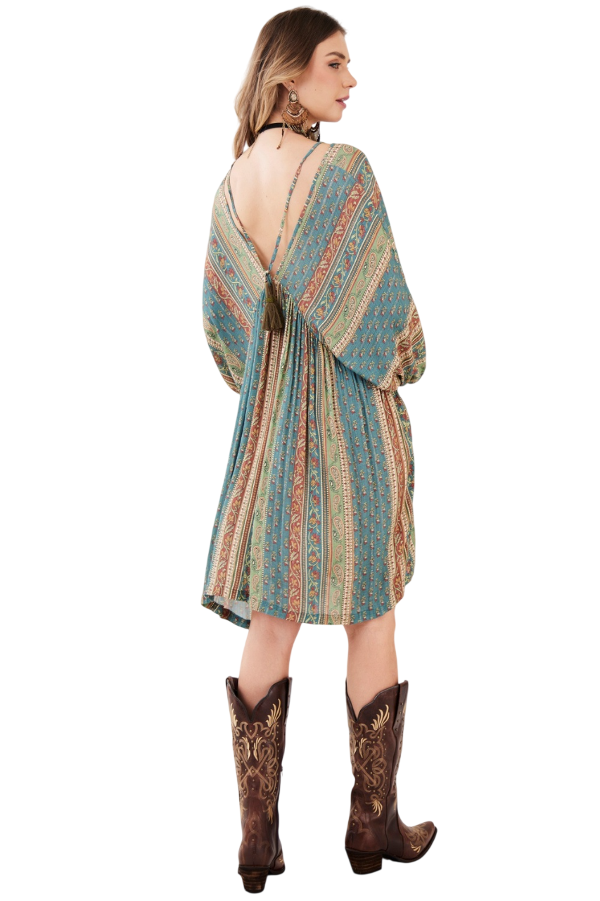 Vestido Curto Decote Em V Verde Listrado Estampado Yacamim C7