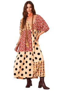 Vestido Midi Estampa De Poá Patchwork Marrom Claro Yacamim D15