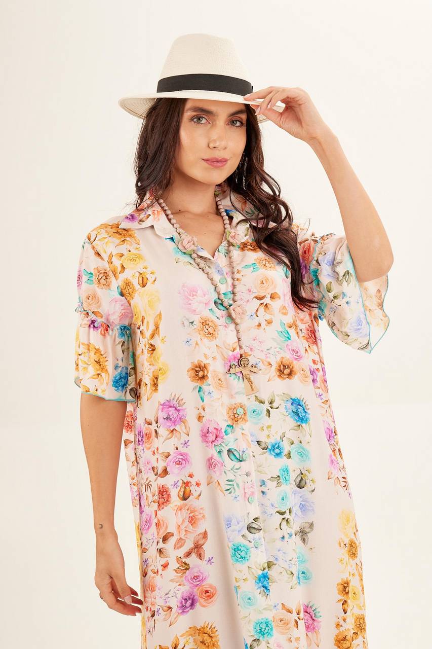 Vestido Chemise Longo Bege Estampa Floral Yacamim