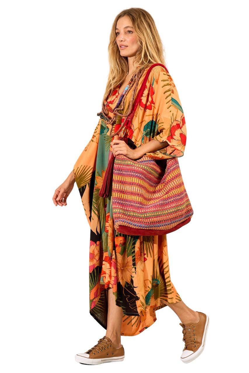 Kaftan Midi Amplo Laranja Patchwork Yacamim