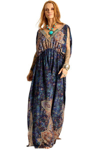 Vestido Longo Com Decote V Azul Estampa Paisley Yacamim