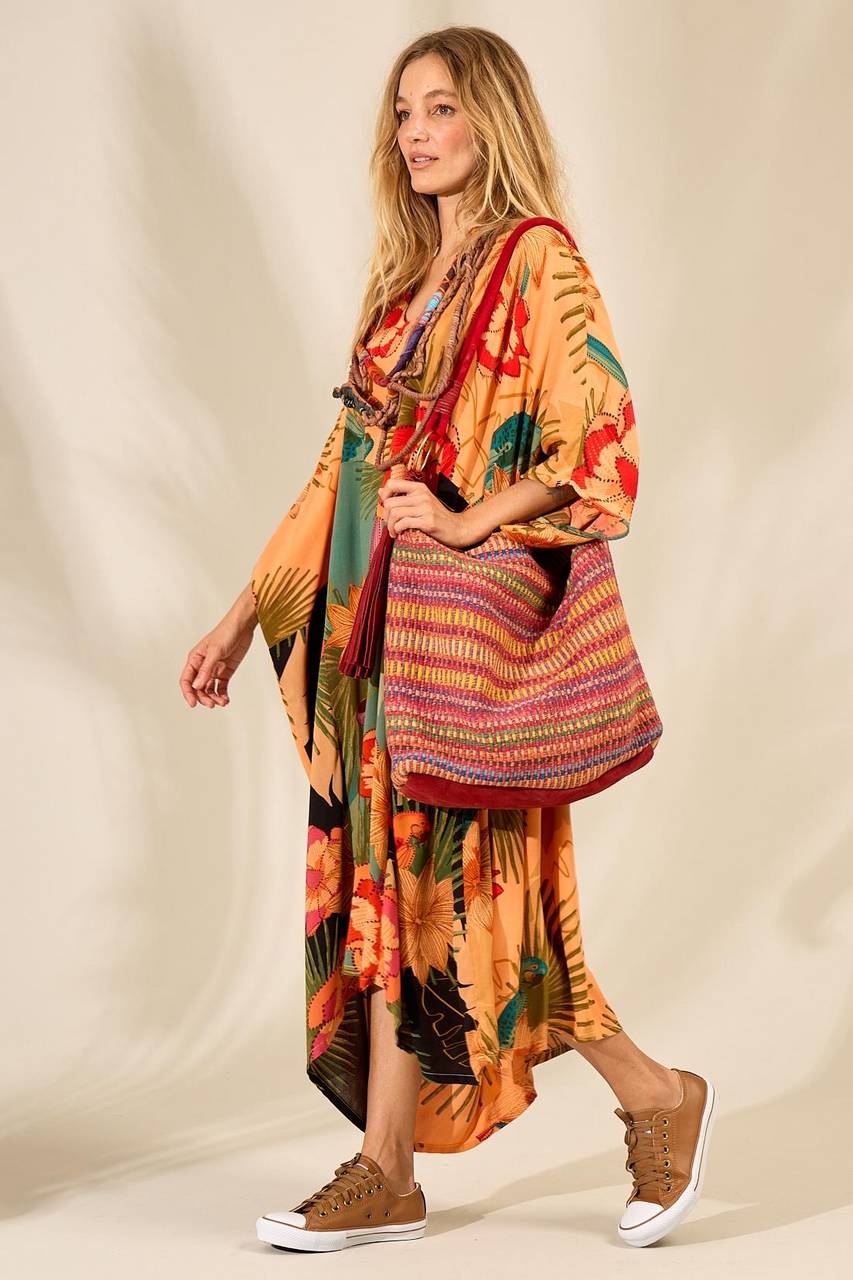 Kaftan Midi Amplo Laranja Patchwork Yacamim