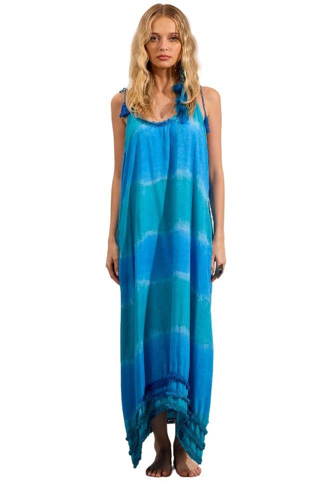 Vestido Midi Alças De Amarrar Com Pompons Azul Tie Dye Digital Yacamim D7