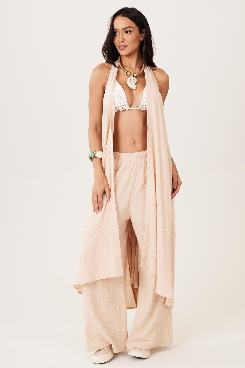 Kimono Frente Única Sem Mangas Bege Escuro Yacamim I6